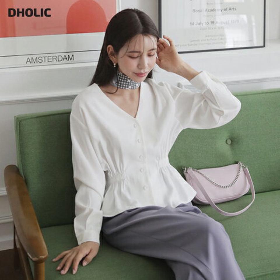 ボタンフレアブラウス・全2色・t63007 レディース 【bl】【韓国 ファッション トップス ブラウス 長袖 Vネック フレアブラウス デコルテ ウエストゴム 上品 ベーシック フェミニン カジュアル デイリー 秋 冬】