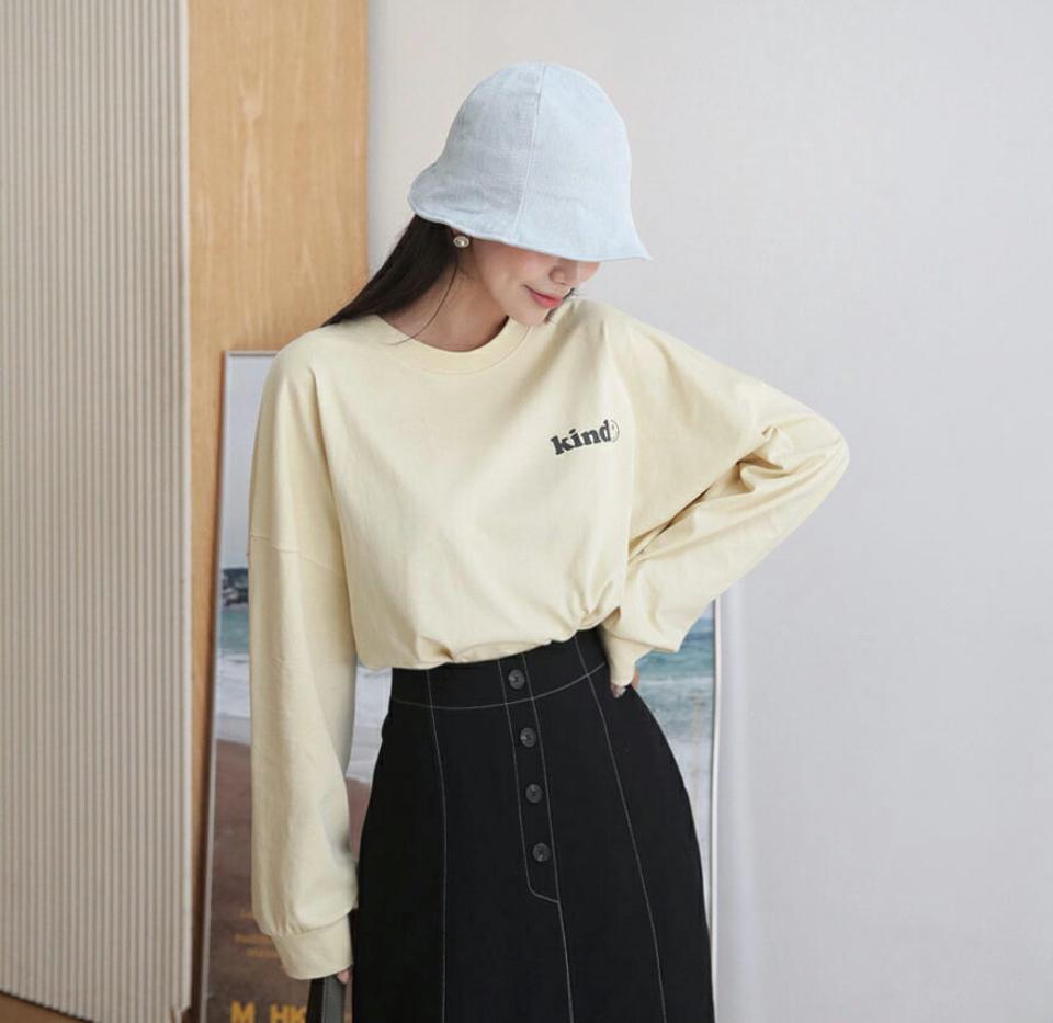 kindスマイルスTシャツ・全4色・t63004 レディース 【tops】【韓国 ファッション トップス Tシャツ カットソー 長袖 ラウンドネック ロゴ ルーズ ゆったり 上品 体型カーバー フェミニン デイリー ベーシック 秋 冬】【BT】