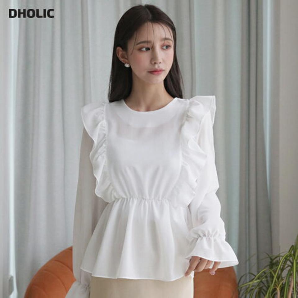 フリルフレアブラウス・全3色・t63005 レディース 【bl】【韓国 ファッション トップス ブラウス 長袖 ラウンドネック 高級感 シフォン バックファスナー フリル フレア 上品 ベーシック フェミニン カジュアル デイリー 秋 冬】