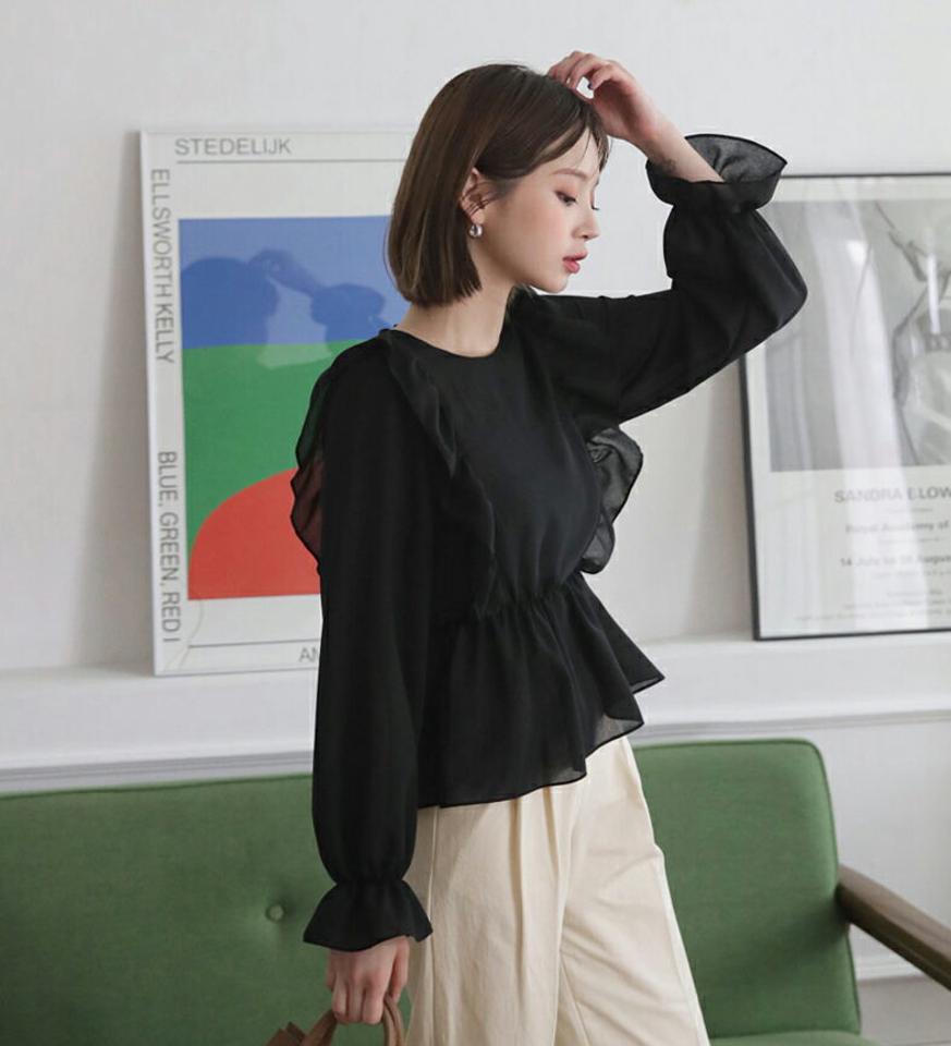 フリルフレアブラウス・全3色・t63005 レディース 【bl】【韓国 ファッション トップス ブラウス 長袖 ラウンドネック 高級感 シフォン バックファスナー フリル フレア 上品 ベーシック フェミニン カジュアル デイリー 秋 冬】