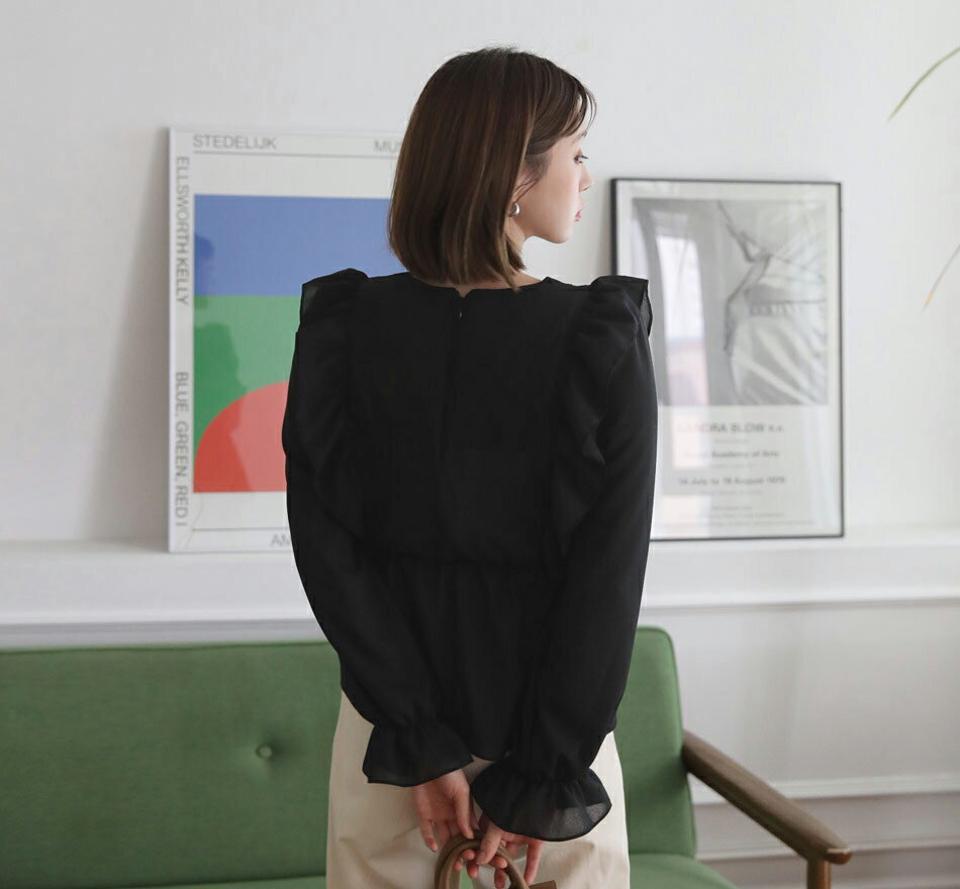 フリルフレアブラウス・全3色・t63005 レディース 【bl】【韓国 ファッション トップス ブラウス 長袖 ラウンドネック 高級感 シフォン バックファスナー フリル フレア 上品 ベーシック フェミニン カジュアル デイリー 秋 冬】