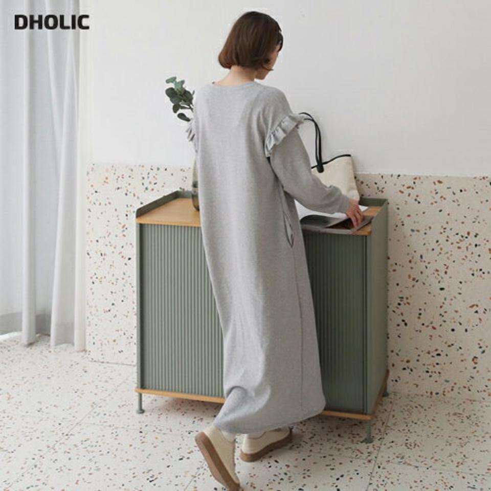 ショルダーフリルワンピース・全2色・b62978 レディース 【ops】【韓国 ファッション ワンピース ロング ロングワンピース 長袖 ラウンドネック フリル カジュアル スウェット ルーズ 体型カバー フェミニン 上品 ベーシック シンプル 秋 冬】