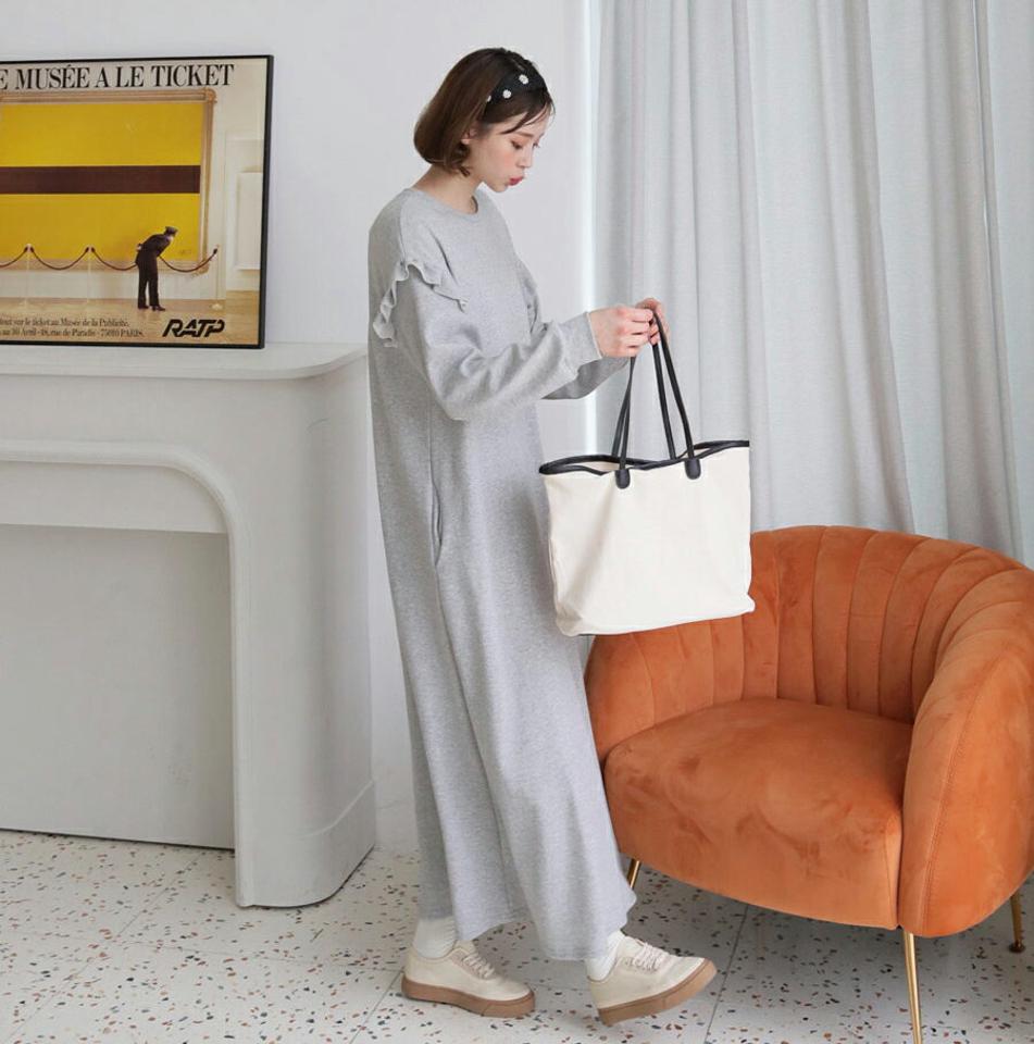 ショルダーフリルワンピース・全2色・b62978 レディース 【ops】【韓国 ファッション ワンピース ロング ロングワンピース 長袖 ラウンドネック フリル カジュアル スウェット ルーズ 体型カバー フェミニン 上品 ベーシック シンプル 秋 冬】