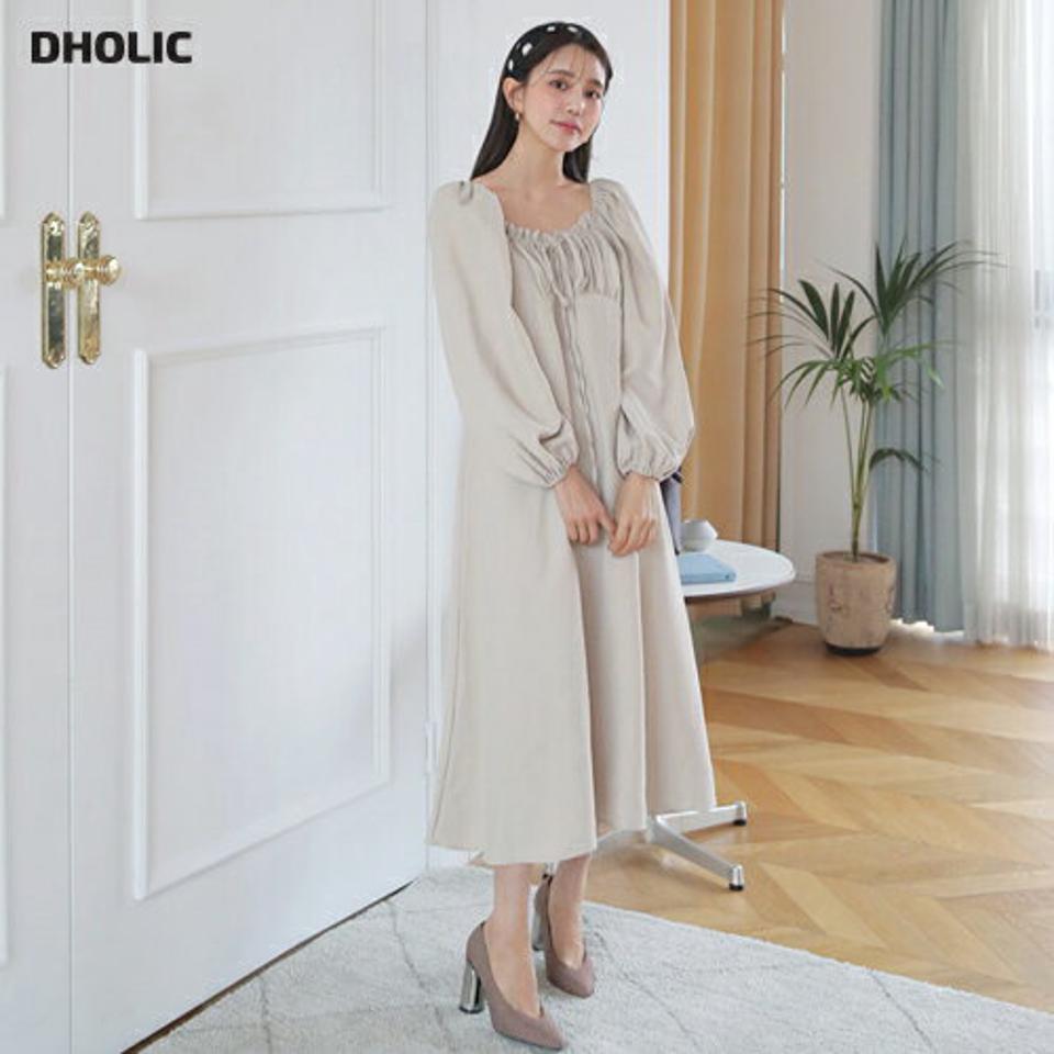 ギャザーリボンワンピース・全2色・t63015 レディース 【ops】【韓国 ファッション ワンピース ロング ロングワンピース 長袖 デコルテ スクエアネック ギャザー リボン 体型カバー フェミニン 上品 ベーシック シンプル 秋 冬】