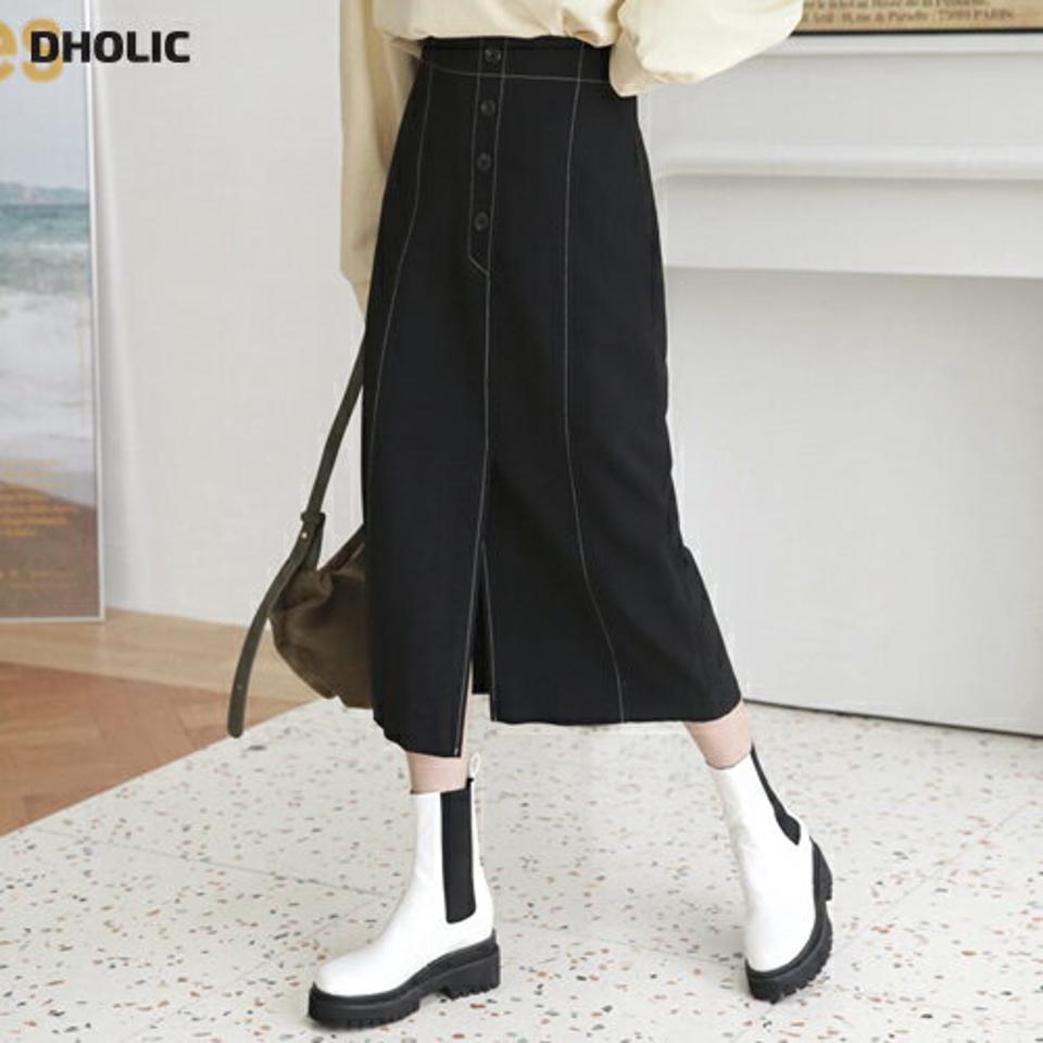 ボタンステッチスカート・全2色・t63021 レディース 【sk】【韓国 ファッション ボトムス スカート ロング ステッチ フェイクボタン スリット バックゴム サイドジップ カジュアル フェミニン シンプル スリム 体型カーバー 秋 冬】