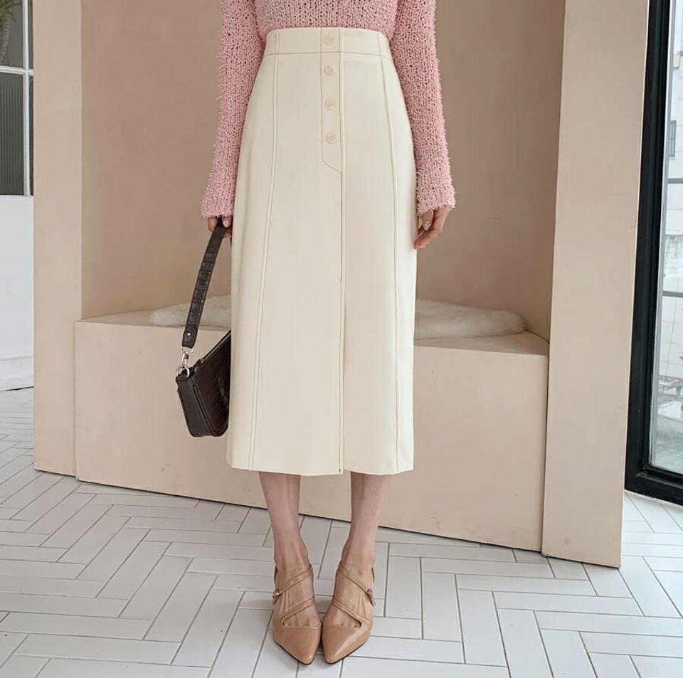 ボタンステッチスカート・全2色・t63021 レディース 【sk】【韓国 ファッション ボトムス スカート ロング ステッチ フェイクボタン スリット バックゴム サイドジップ カジュアル フェミニン シンプル スリム 体型カーバー 秋 冬】