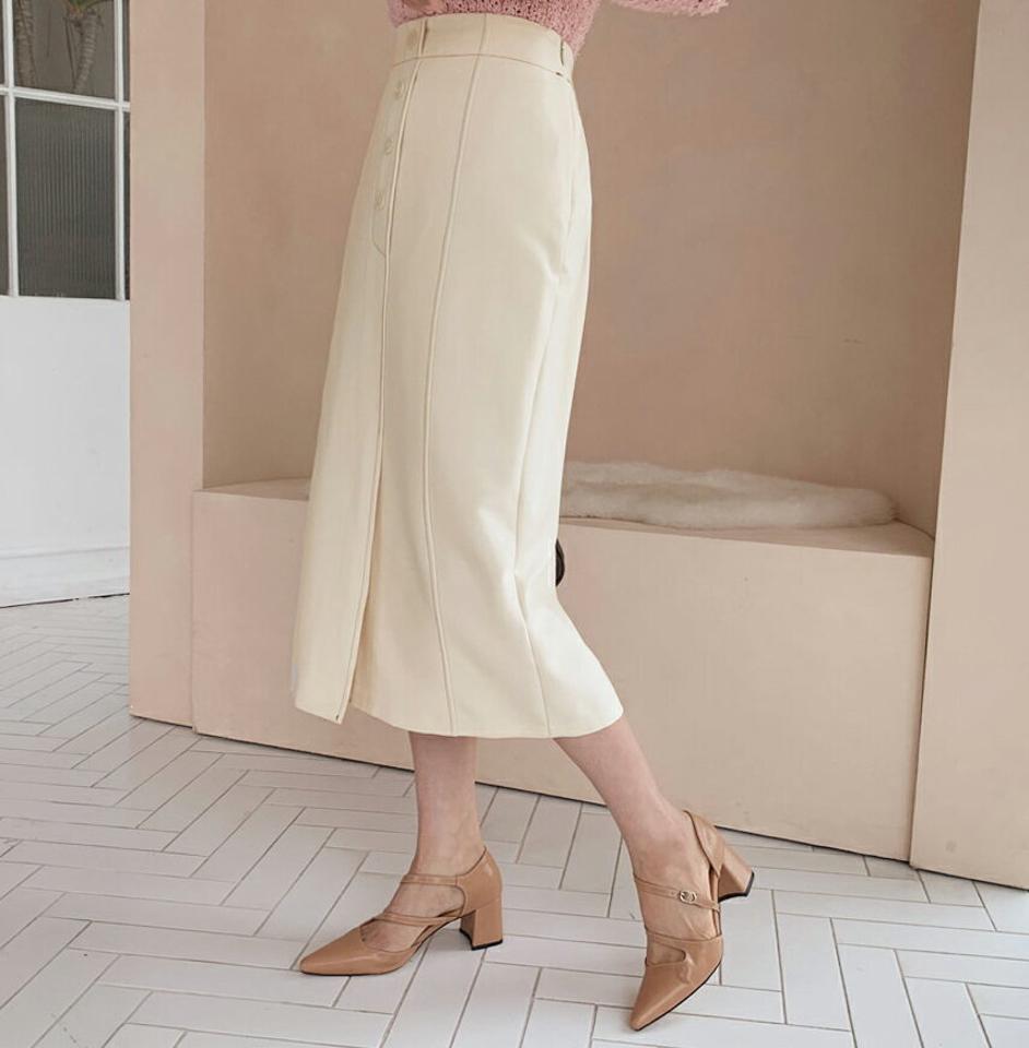 ボタンステッチスカート・全2色・t63021 レディース 【sk】【韓国 ファッション ボトムス スカート ロング ステッチ フェイクボタン スリット バックゴム サイドジップ カジュアル フェミニン シンプル スリム 体型カーバー 秋 冬】