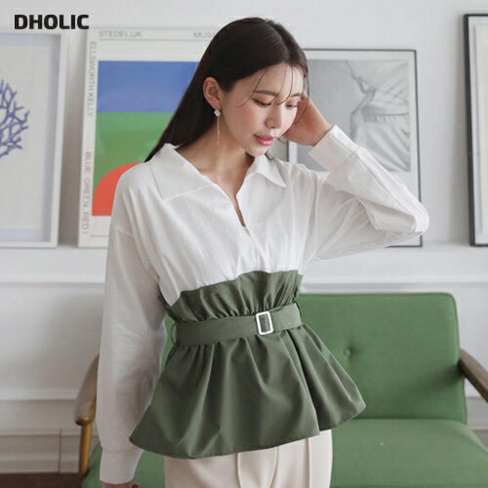 ベルト付配色カラーブラウス・全2色・t63003 レディース 【bl】【韓国 ファッション トップス ブラウス 長袖 スリットネック 配色 ベルトループ レザー ウエストゴム フレア 上品 ベーシック フェミニン カジュアル デイリー 春ブラウス 秋 冬】