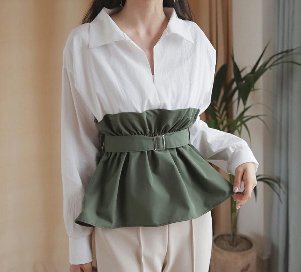 ベルト付配色カラーブラウス・全2色・t63003 レディース 【bl】【韓国 ファッション トップス ブラウス 長袖 スリットネック 配色 ベルトループ レザー ウエストゴム フレア 上品 ベーシック フェミニン カジュアル デイリー 春ブラウス 秋 冬】