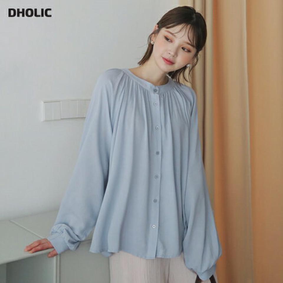 ラグランボタンブラウス・3色・t63008 レディース 【bl】【韓国 ファッション トップス ブラウス 長袖 ラウンドネック バンドカラー ラグランスリーブ ギャザー 上品 ベーシック フェミニン カジュアル デイリー 春ブラウス オフィスカジュアル 秋 冬】