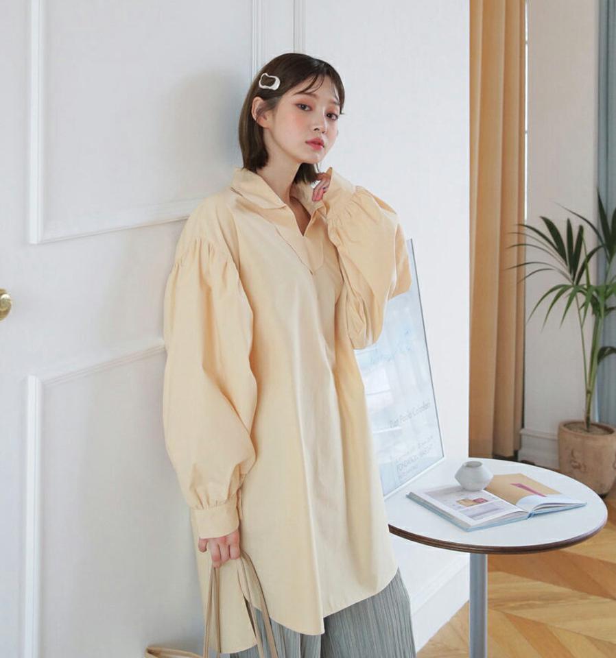 スキッパーミディワンピース・全3色・t62939 レディース 【ops】【韓国 ファッション ワンピース ミディ ミディワンピース 長袖 ギャザー スリット アンバランス 体型カバー フェミニン 上品 ベーシック シンプル 秋 冬】