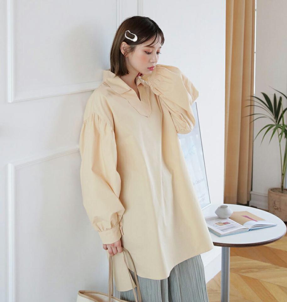 スキッパーミディワンピース・全3色・t62939 レディース 【ops】【韓国 ファッション ワンピース ミディ ミディワンピース 長袖 ギャザー スリット アンバランス 体型カバー フェミニン 上品 ベーシック シンプル 秋 冬】