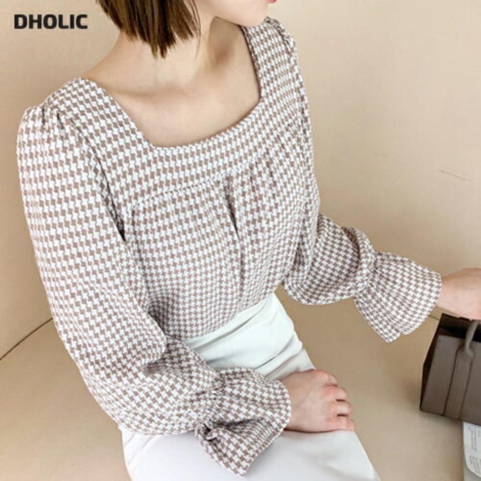スクエアハウンドトゥースブラウス・全3色・t62959 レディース 【bl】【韓国 ファッション トップス ブラウス 長袖 スクエアネック デコルテ ギャザー フレア ハウンドトゥー スチェック 上品 ベーシック 春ブラウス フェミニン カジュアル デイリー 秋 冬】