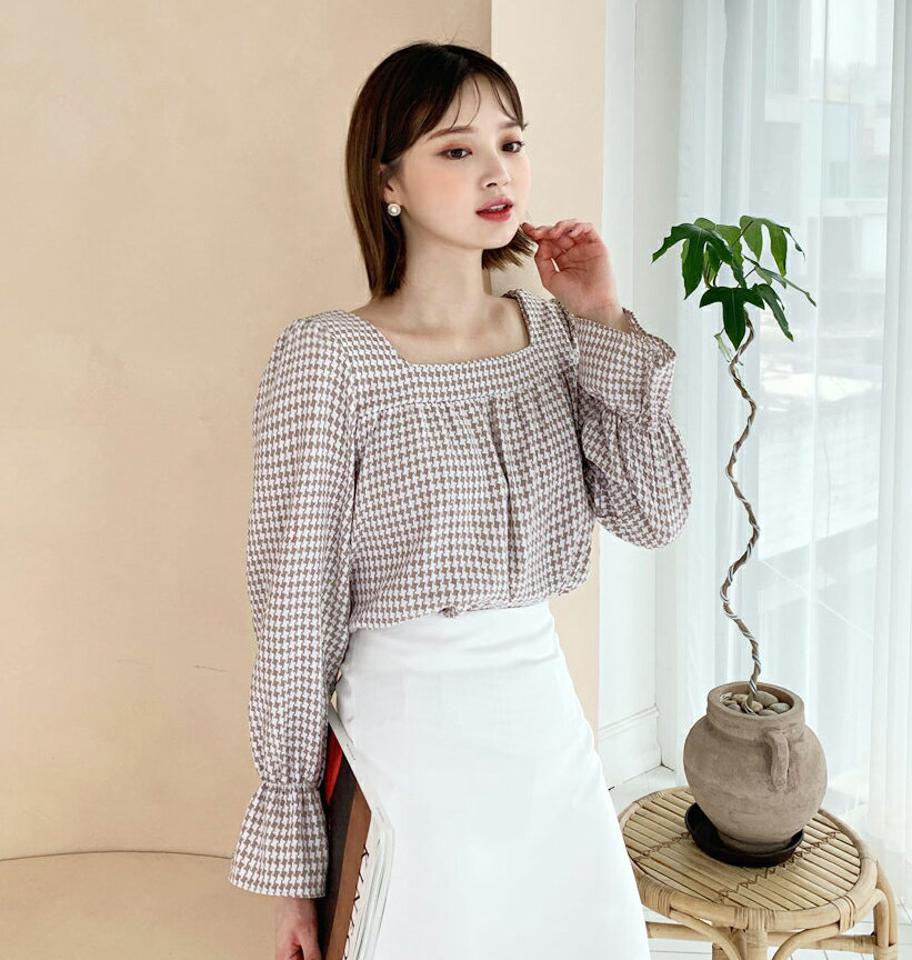 スクエアハウンドトゥースブラウス・全3色・t62959 レディース 【bl】【韓国 ファッション トップス ブラウス 長袖 スクエアネック デコルテ ギャザー フレア ハウンドトゥー スチェック 上品 ベーシック 春ブラウス フェミニン カジュアル デイリー 秋 冬】