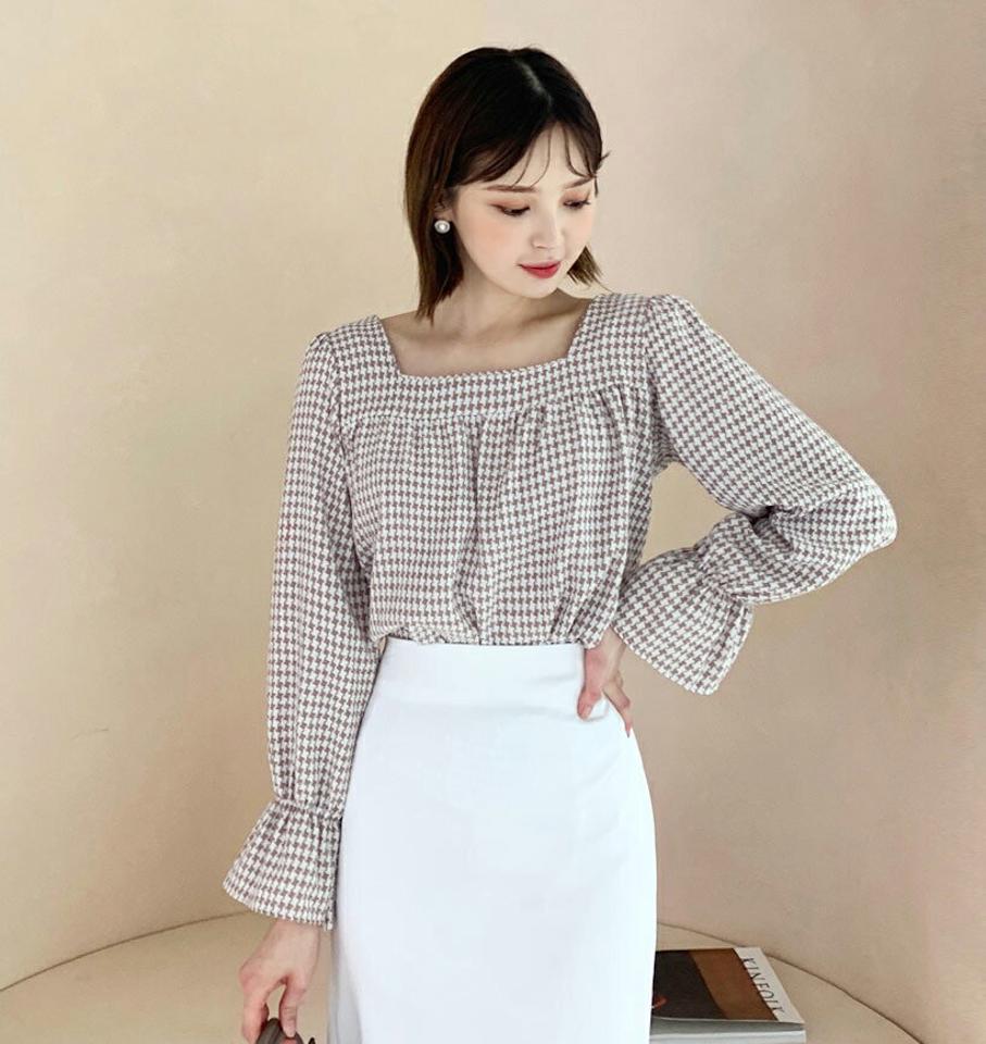 スクエアハウンドトゥースブラウス・全3色・t62959 レディース 【bl】【韓国 ファッション トップス ブラウス 長袖 スクエアネック デコルテ ギャザー フレア ハウンドトゥー スチェック 上品 ベーシック 春ブラウス フェミニン カジュアル デイリー 秋 冬】