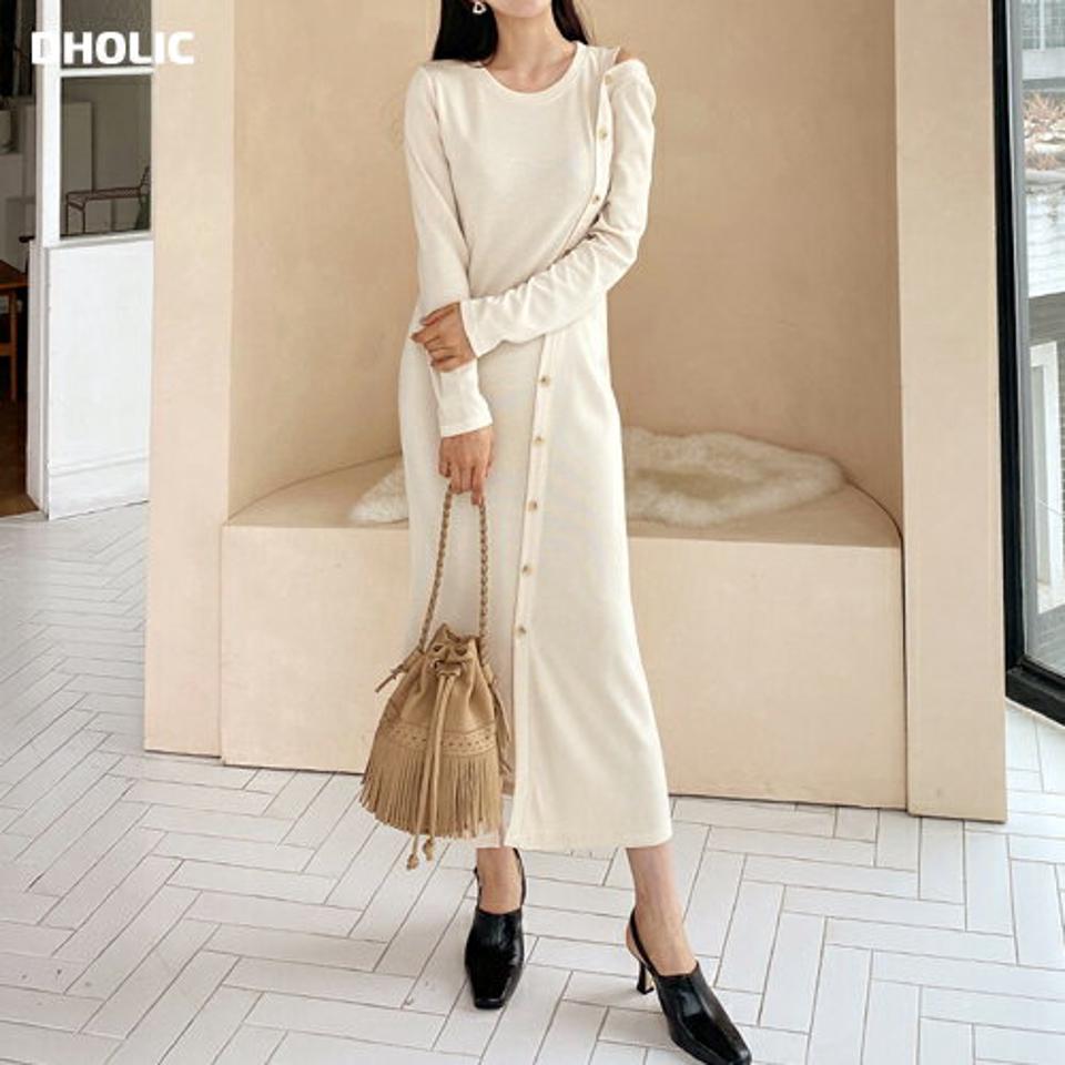 ダイアゴナルボタンニットワンピース・全2色・t63014 レディース 【ops】【韓国 ファッション ワンピース ロング ロングワンピース 長袖 ラウンドネック リブニット スリム フィット 細身 体型カバー フェミニン 上品 ベーシック シンプル 秋 冬】