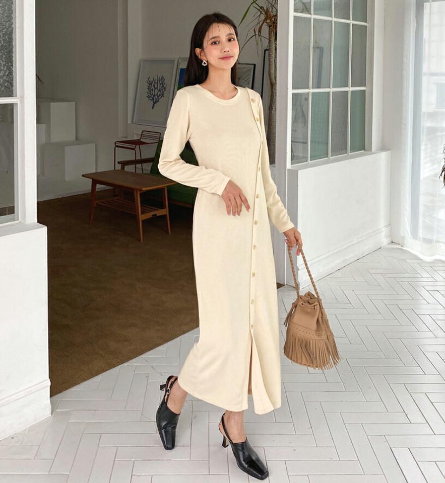 ダイアゴナルボタンニットワンピース・全2色・t63014 レディース 【ops】【韓国 ファッション ワンピース ロング ロングワンピース 長袖 ラウンドネック リブニット スリム フィット 細身 体型カバー フェミニン 上品 ベーシック シンプル 秋 冬】