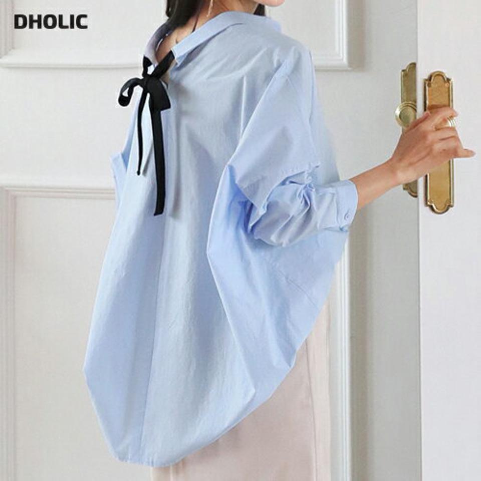 バックリボンシャツシャツ・全3色・t63009 レディース 【bl】【韓国 ファッション トップス シャツ ブラウス 長袖 バックリボン 無地 ルーズ ゆったり 上品 春ブラウス ベーシック フェミニン カジュアル デイリー 秋 冬】