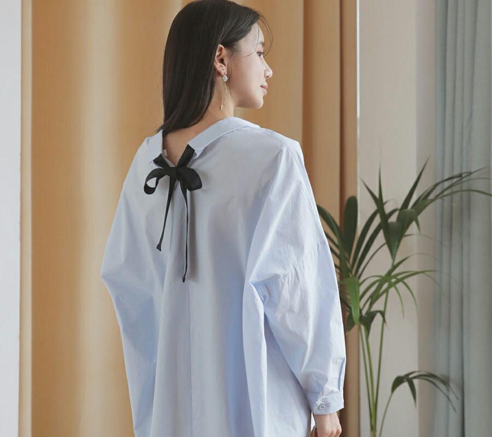 バックリボンシャツシャツ・全3色・t63009 レディース 【bl】【韓国 ファッション トップス シャツ ブラウス 長袖 バックリボン 無地 ルーズ ゆったり 上品 春ブラウス ベーシック フェミニン カジュアル デイリー 秋 冬】