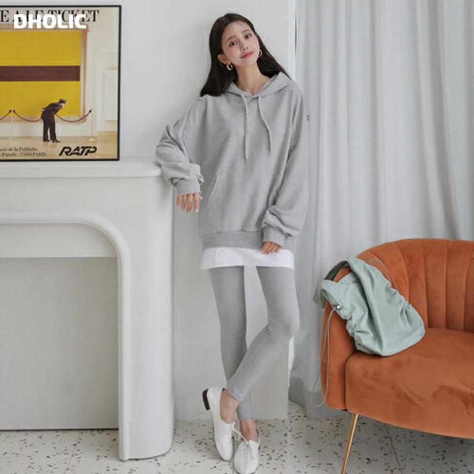 レイヤードフーディ&レギンスSET・全2色・b63016 レディース 【pt】【韓国 ファッション ボトムス レギンス パンツ セットアップ カジュアル ストリングフード ポケット トレーナー レイヤード調 トレーナー スリム シンプル ウエストゴム フィット 秋 冬】