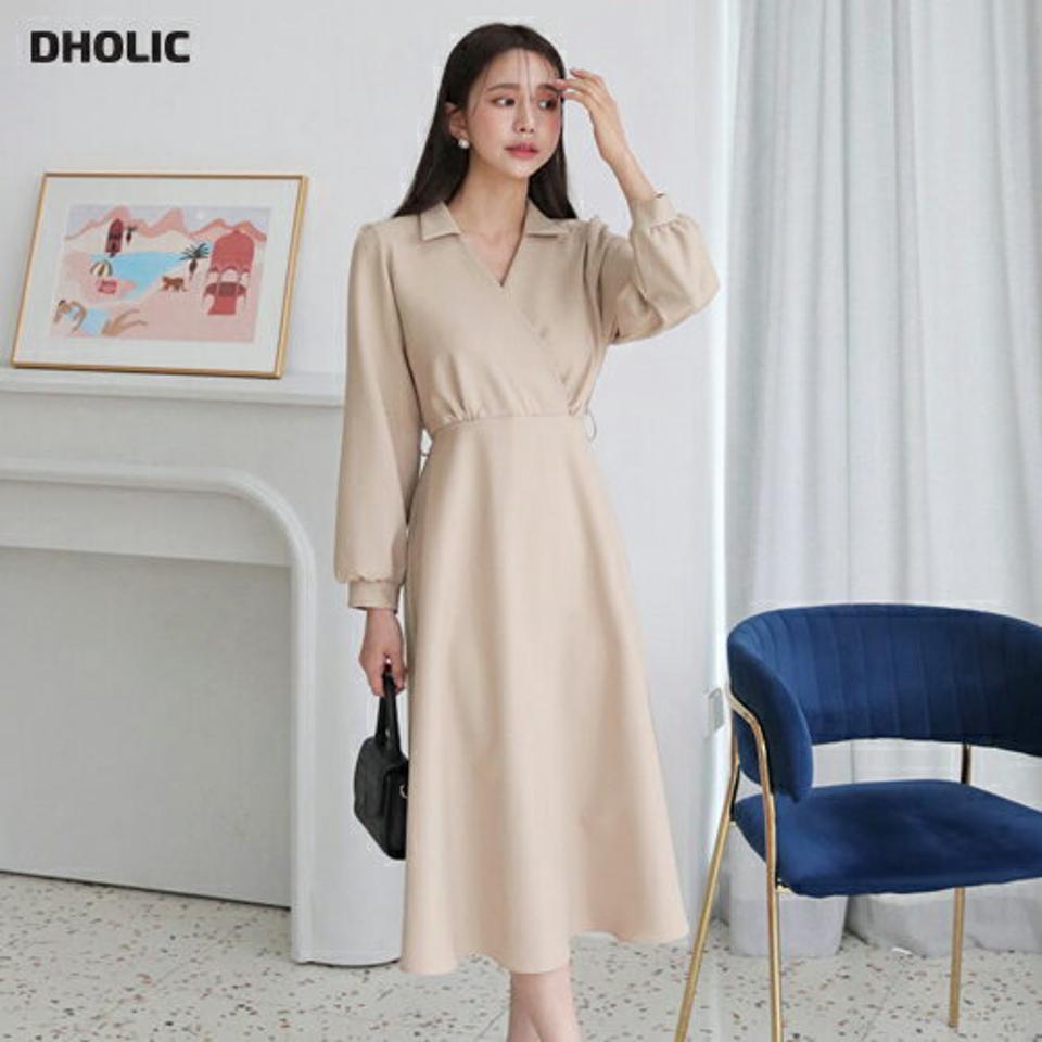 【只今10%OFF】ストラップ付カラーワンピース・全4色・t63012 レディース 【ops】【韓国 ファッション ワンピース ロング ロングワンピース 長袖 カラーネック カシュクール スリム フレア 細身 体型カバー フェミニン 上品 ベーシック シンプル 秋 冬】