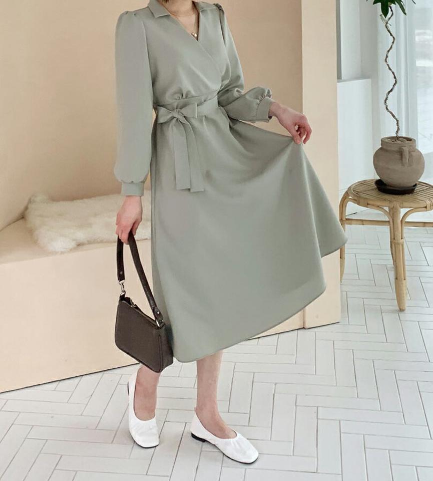 【只今10%OFF】ストラップ付カラーワンピース・全4色・t63012 レディース 【ops】【韓国 ファッション ワンピース ロング ロングワンピース 長袖 カラーネック カシュクール スリム フレア 細身 体型カバー フェミニン 上品 ベーシック シンプル 秋 冬】