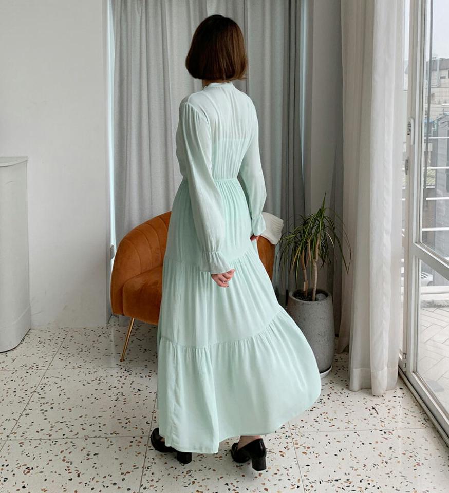 Vネックギャザーワンピース・全3色・t63013 レディース 【ops】【韓国 ファッション ワンピース ロング ロングワンピース 長袖 Vネック デコルテ ウエストゴム 細身 体型カバー フェミニン 上品 ベーシック シンプル 秋 冬】