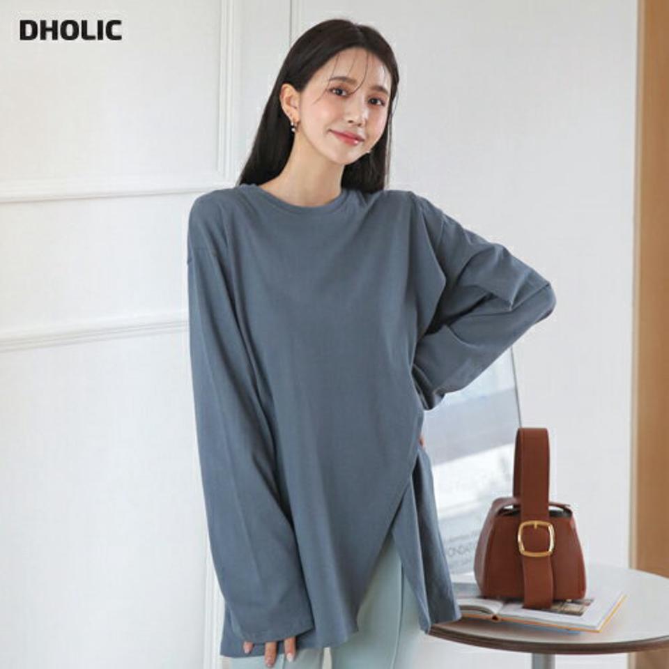 ダイアゴナルスリットTシャツ・全4色・t62991 レディース 【tops】【韓国 ファッション トップス Tシャツ カットソー 長袖 ラウンドネック スリット ルーズ ゆったり 上品 体型カーバー フェミニン デイリー ベーシック 秋 冬】