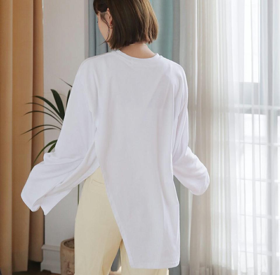 ダイアゴナルスリットTシャツ・全4色・t62991 レディース 【tops】【韓国 ファッション トップス Tシャツ カットソー 長袖 ラウンドネック スリット ルーズ ゆったり 上品 体型カーバー フェミニン デイリー ベーシック 秋 冬】