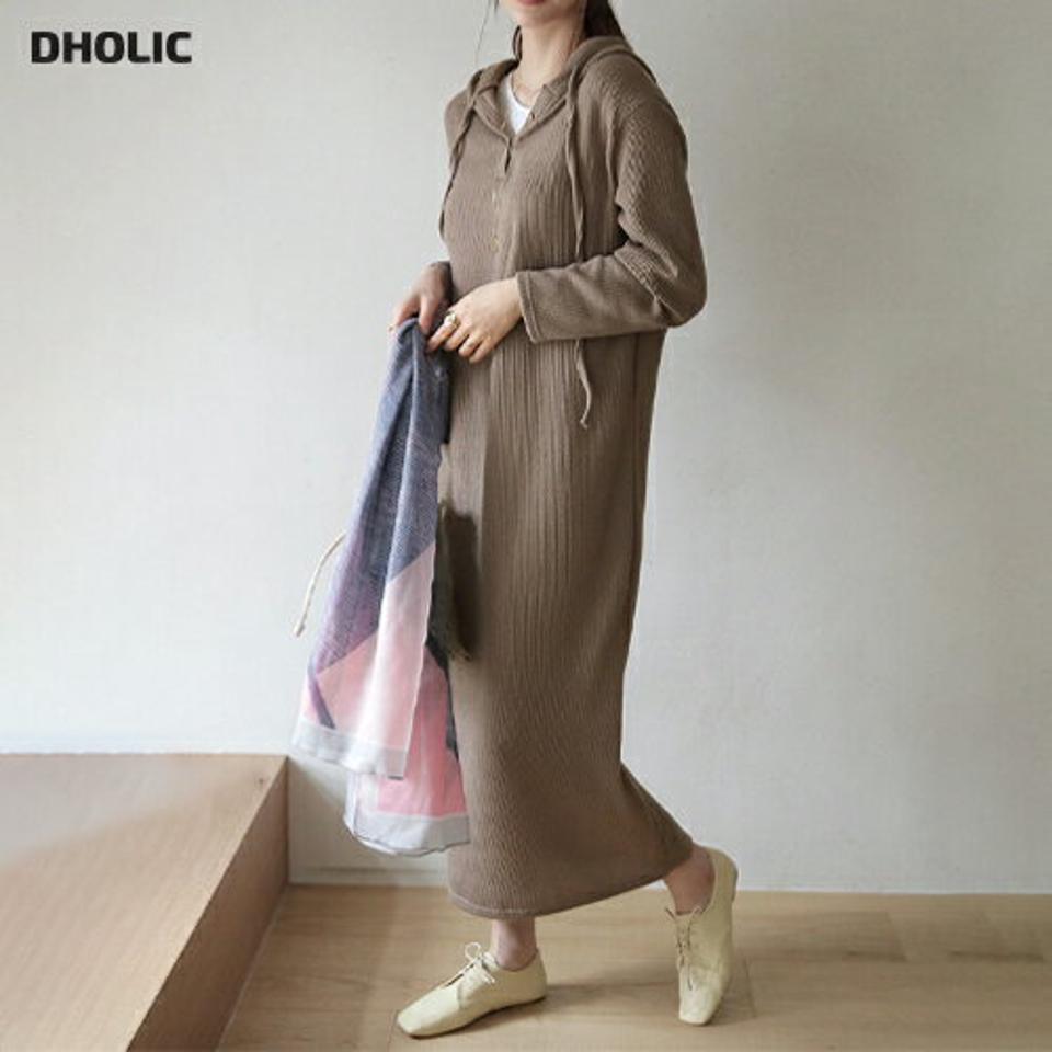 フードリブワンピース・全3色・b66677 レディース 【ops】【ワンピ−ス ロング ロングワンピ−ス フード 長袖 リブ 単色 ゆったり ラフ 体型カバー カジュアル ニット ニットワンピース Hライン 秋 冬 韓国 ファッション】【ハイホリHIHOLLI】