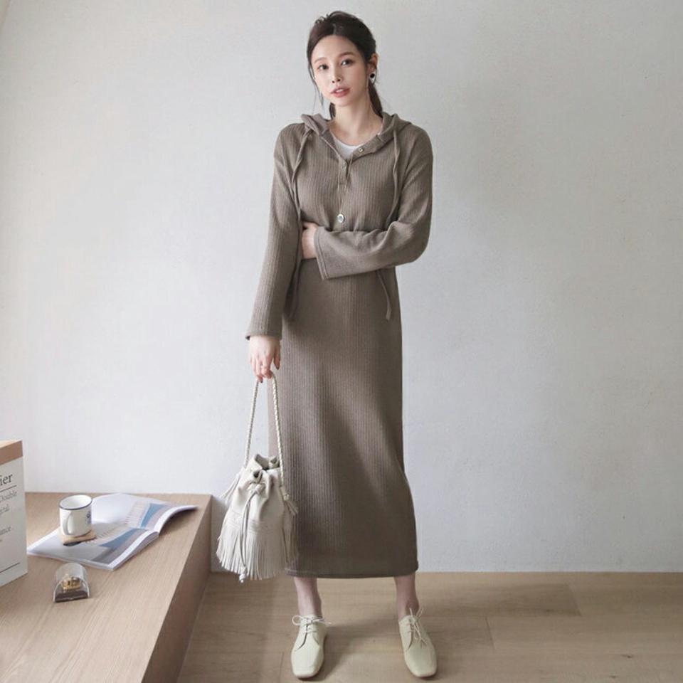 フードリブワンピース・全3色・b66677 レディース 【ops】【ワンピ−ス ロング ロングワンピ−ス フード 長袖 リブ 単色 ゆったり ラフ 体型カバー カジュアル ニット ニットワンピース Hライン 秋 冬 韓国 ファッション】【ハイホリHIHOLLI】
