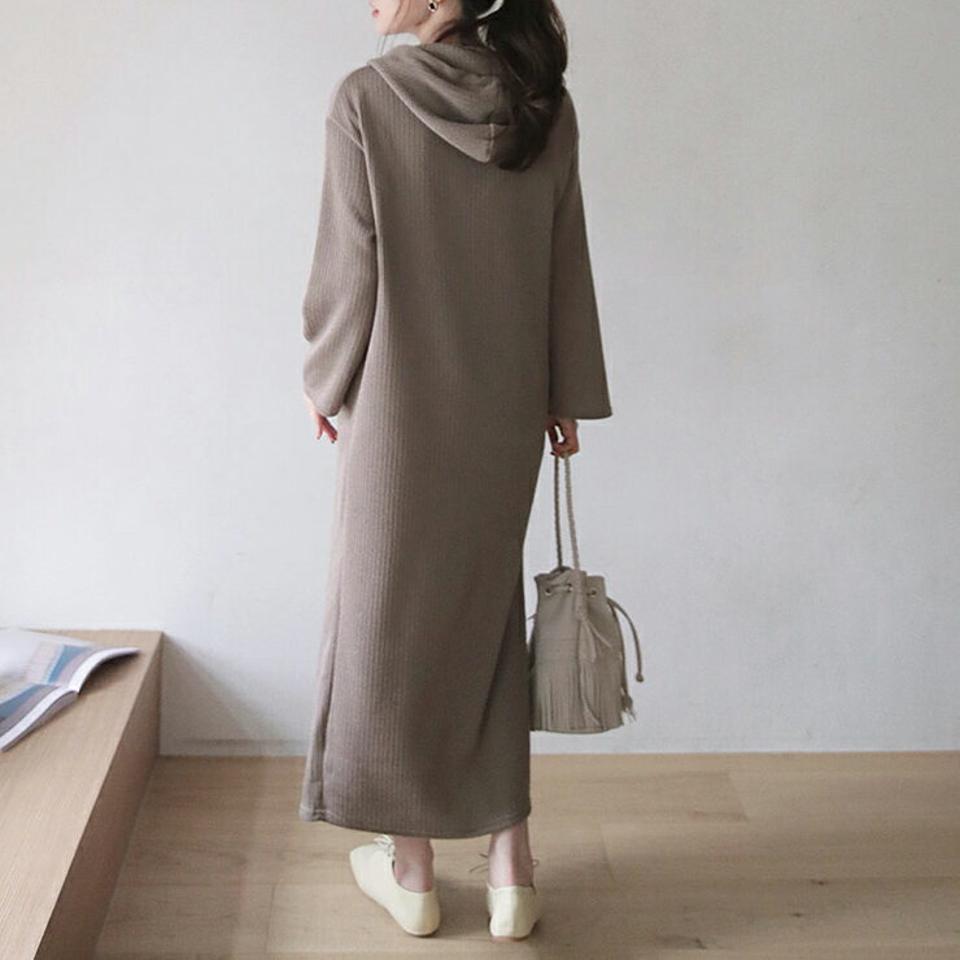 フードリブワンピース・全3色・b66677 レディース 【ops】【ワンピ−ス ロング ロングワンピ−ス フード 長袖 リブ 単色 ゆったり ラフ 体型カバー カジュアル ニット ニットワンピース Hライン 秋 冬 韓国 ファッション】【ハイホリHIHOLLI】