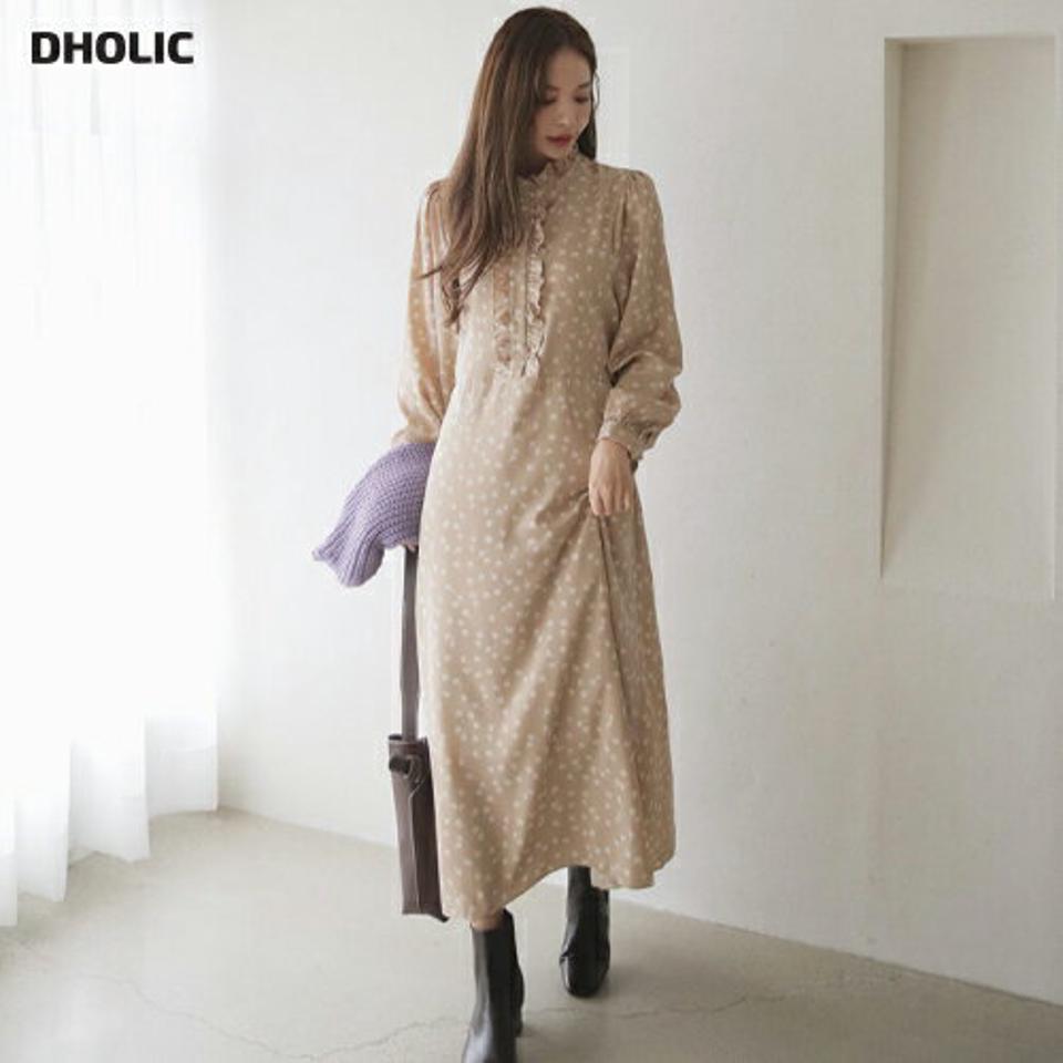 フリルフローラルワンピース・全2色・t66672 レディース 【ops】【ワンピース ロング ロングワンピース 長袖 フリル フリルネック 花柄 フラワー フェミニン 可愛い かわいい フレア 秋 冬 韓国 ファッション】【ハイホリHIHOLLI】