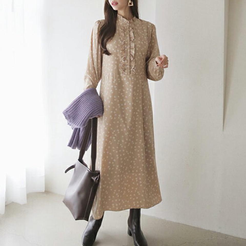 フリルフローラルワンピース・全2色・t66672 レディース 【ops】【ワンピース ロング ロングワンピース 長袖 フリル フリルネック 花柄 フラワー フェミニン 可愛い かわいい フレア 秋 冬 韓国 ファッション】【ハイホリHIHOLLI】