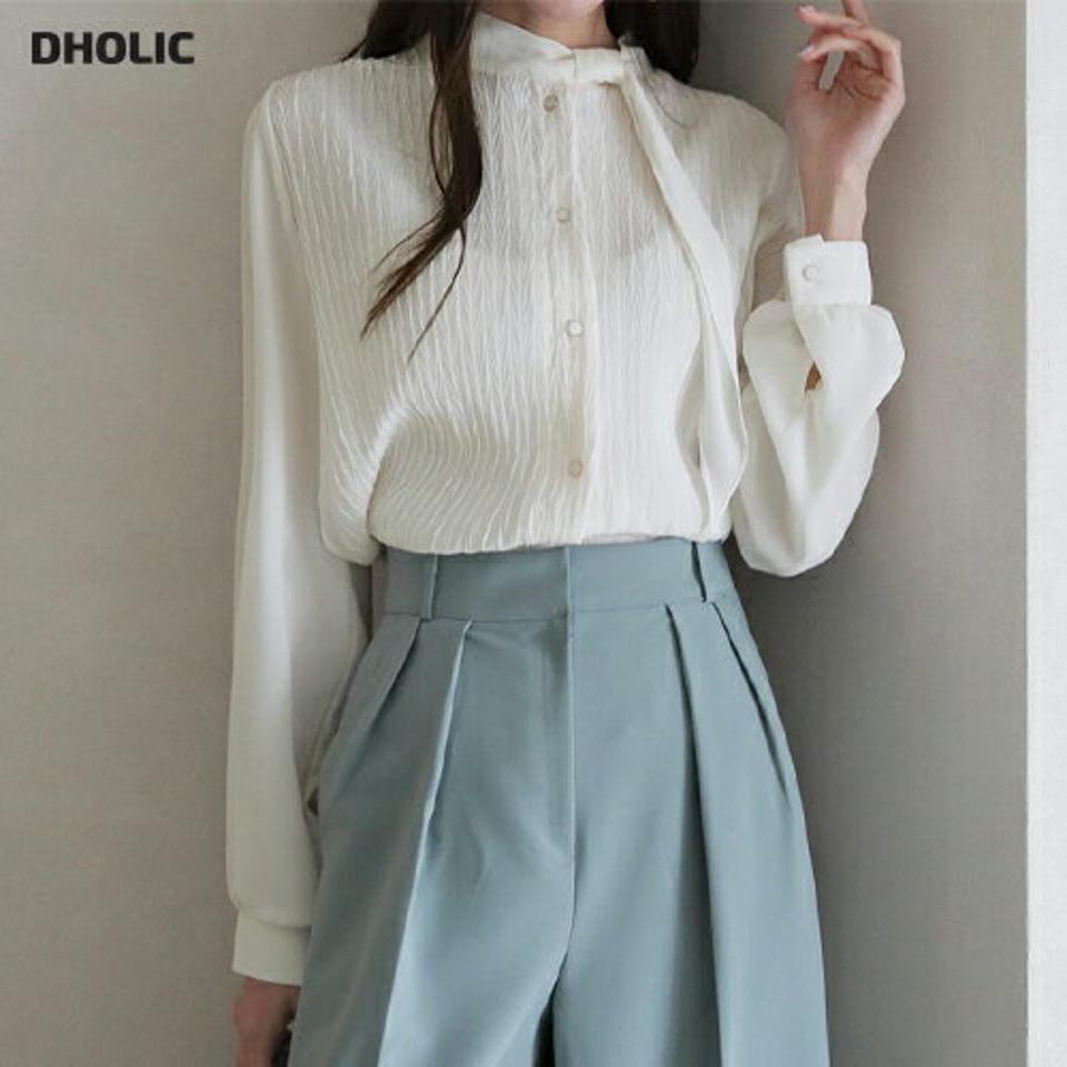 テクスチャーリボンブラウス・全2色・t66675 レディース 【bl】【トップス ブラウス リボン りぼん ハーフネック シンプル フェミニン ジグザグ 大人 オフィスカジュアル 秋 冬 韓国 ファッション】【ハイホリHIHOLLI】