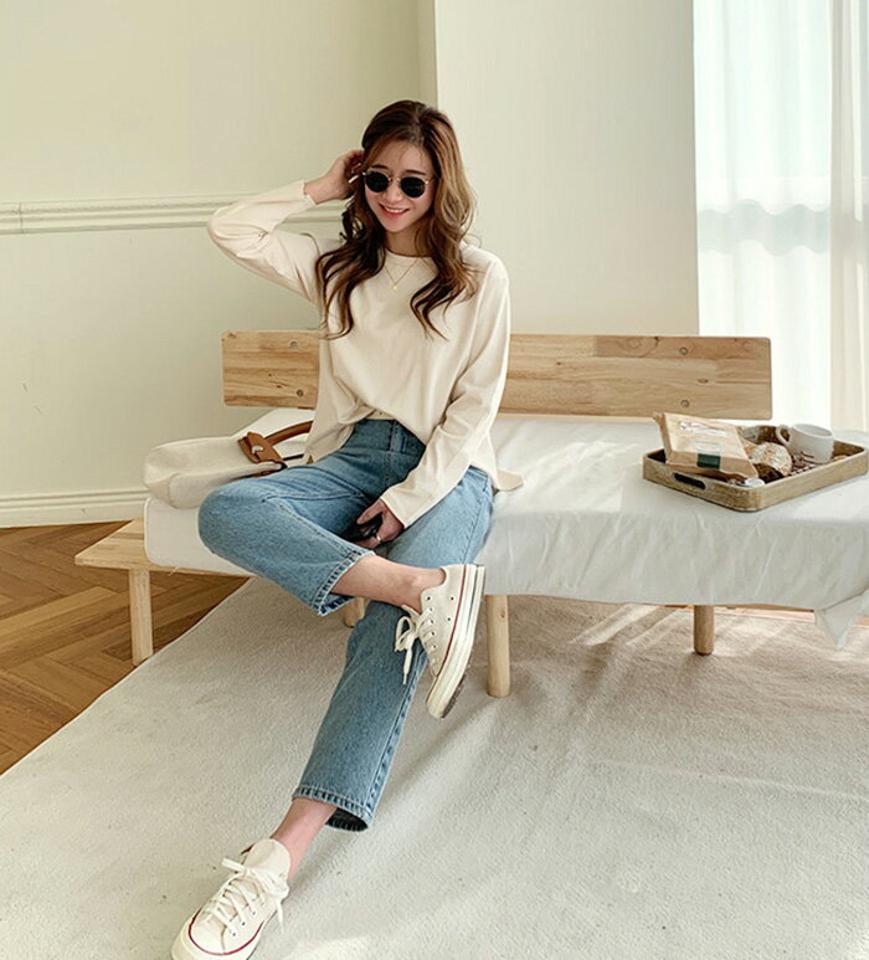 ≪新作早割15%OFF≫NANING9(ナンニング)ラウンドネック長袖T【2/3up_go】韓国 ファッション トップス クルーネック インナー Tシャツ 長袖 長袖T サイドスリット 重ね着 インナー チャコール ベージュ サイドスリット【5】