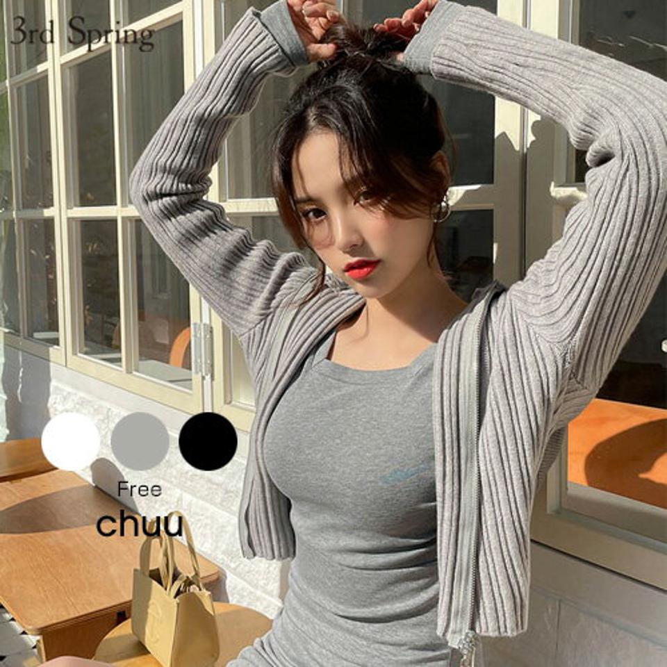 CHUU(チュー)ジップアップフーディ【2/4up_go】韓国 韓国ファッション　リブパーカー　クロップ丈　長袖　ジップアップ　リブカットソーレディース ファッション【10】※メール便不可★