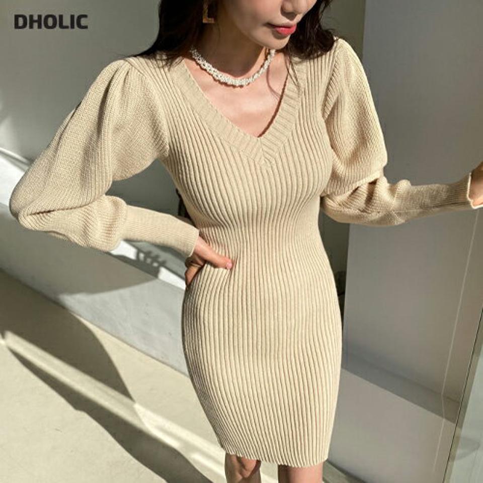 Vネックパフニットワンピース・全3色・b62703 レディース 【ops】【韓国 ファッション ワンピース ミディ ミディワンピース vネック ニットワンピース ボリュームスリーブ ボリューム リブ スリム フィット ミディ丈 ベーシック 体型カバー 秋 冬】