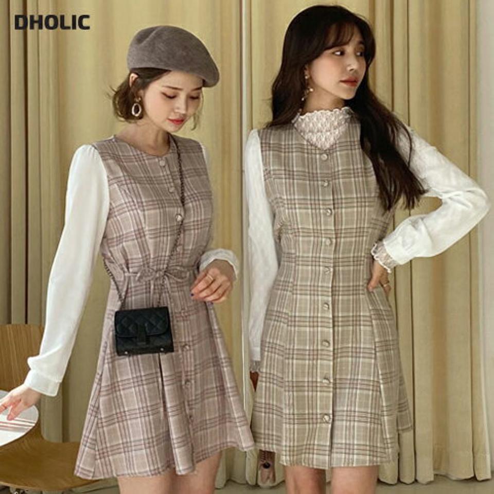 コントラストチェックワンピース・全2色・b62702 レディース 【ops】【韓国 ファッション ワンピース ミニ ミニワンピース vネック ガーリッシュ チェック コントラスト ウエストリボン フレア ベーシック 体型カバー 秋 冬】