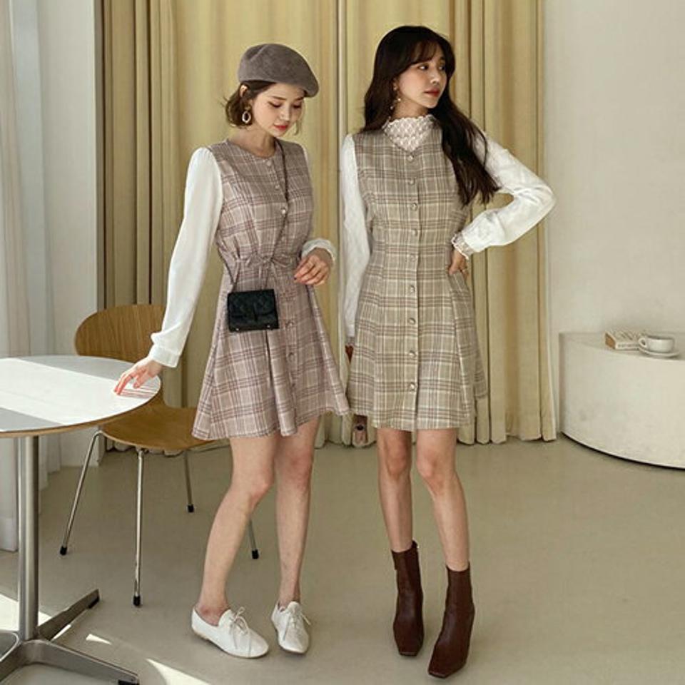 コントラストチェックワンピース・全2色・b62702 レディース 【ops】【韓国 ファッション ワンピース ミニ ミニワンピース vネック ガーリッシュ チェック コントラスト ウエストリボン フレア ベーシック 体型カバー 秋 冬】