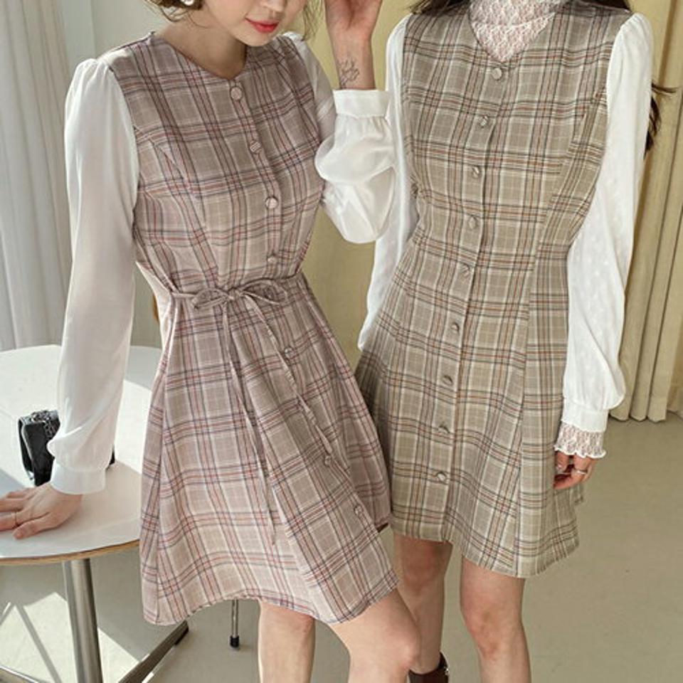 コントラストチェックワンピース・全2色・b62702 レディース 【ops】【韓国 ファッション ワンピース ミニ ミニワンピース vネック ガーリッシュ チェック コントラスト ウエストリボン フレア ベーシック 体型カバー 秋 冬】