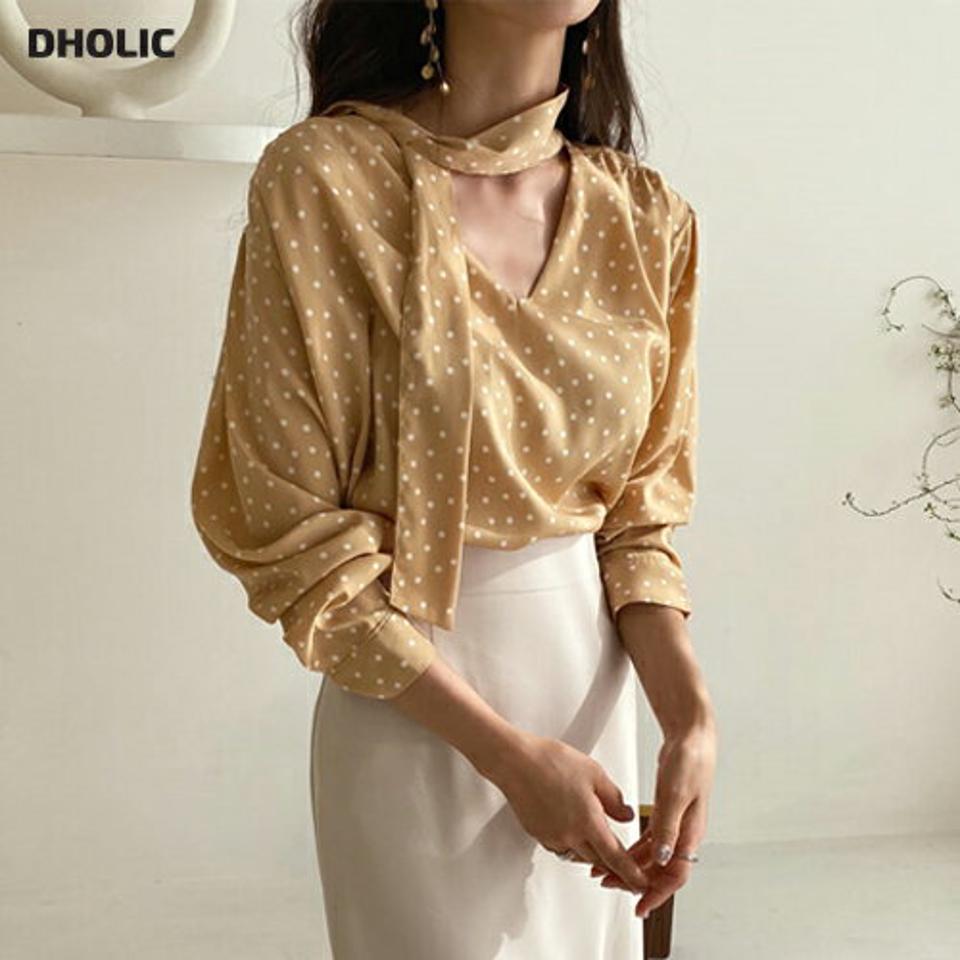 Vネックリボンドットブラウス・全2色・t62708 レディース 【bl】【韓国 ファッション トップス ブラウス 長袖 Vネック リボン 小粒 ドット パータン 体型カバー 上品 春 フェミニン カジュアル デイリー 秋 冬】