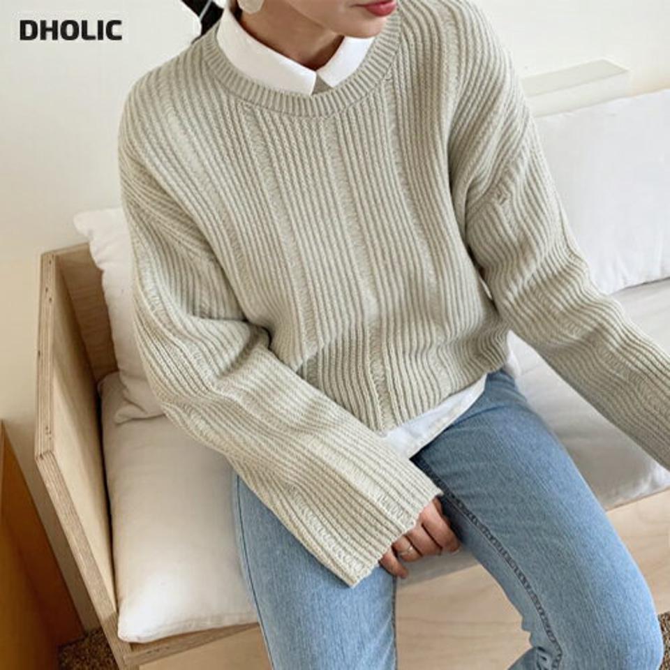 シアーラインクロップドニット・全5色・t62700 レディース 【tops】【韓国 ファッション トップス ニット 長袖 ラウンドネック ぼわん袖 ツイスト ルーズ ゆったり デイリー ケーブルニット フェミニン ベーシック 無地 秋 冬】