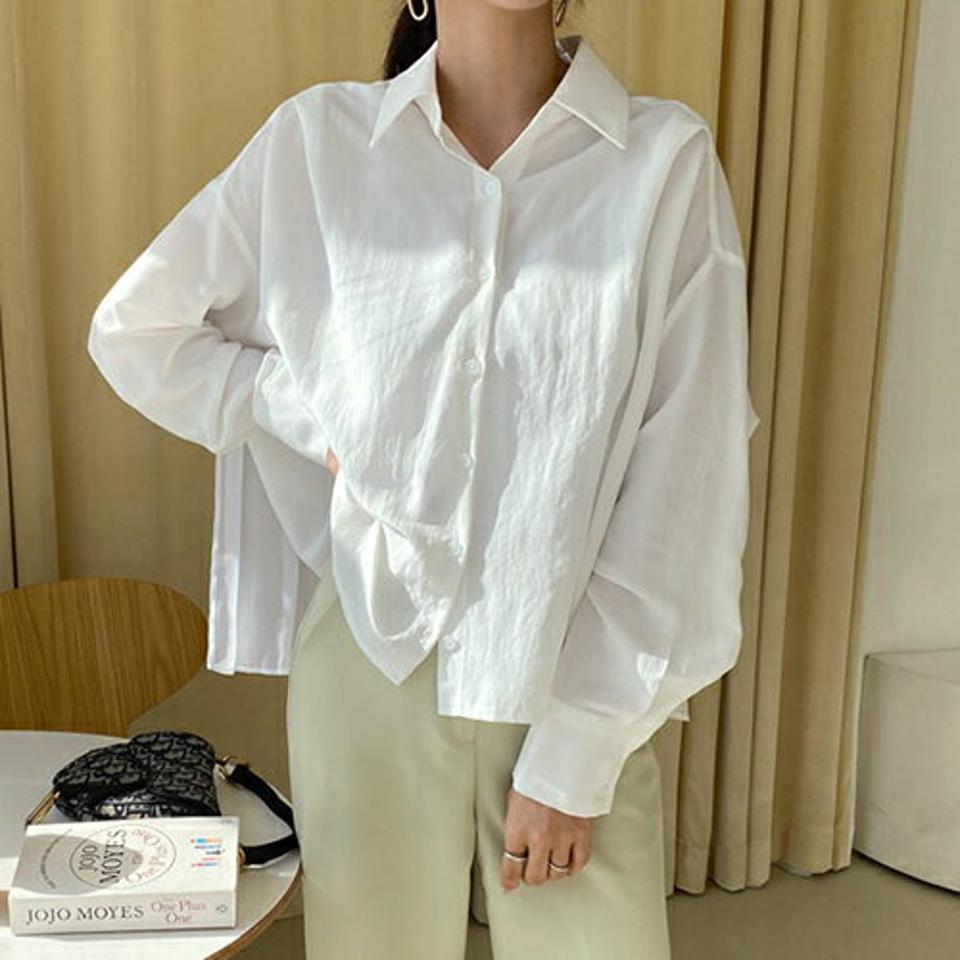 バックプリーツブラウス・全2色・b62698 レディース 【bl】【韓国 ファッション トップス ブラウス 長袖 上品 シャツブラウス オフィスカジュアル 春 フェミニン カジュアル デイリー 無地 ベーシック 秋 冬】