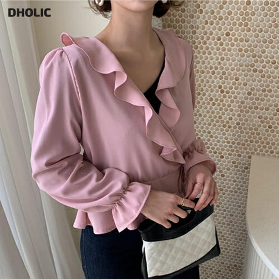 フリルラップブラウス・全4色・t62695 レディース 【bl】【韓国 ファッション トップス ブラウス 長袖 Vネック フリル ボリューム リボン フレア 春 春ブラウス 上品 フェミニン カジュアル デイリー 秋 冬】