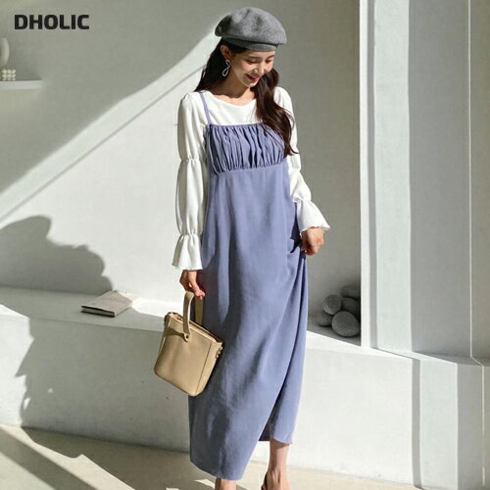 ギャザーフレアワンピース・全3色・t62701 レディース 【ops】【韓国 ファッション ワンピース ロング ロングワンピース ノースリ キャミ キャミソール ギャザー フレア スリット シースルー フェミニン カジュアル ベーシック 体型カバー 秋 冬】