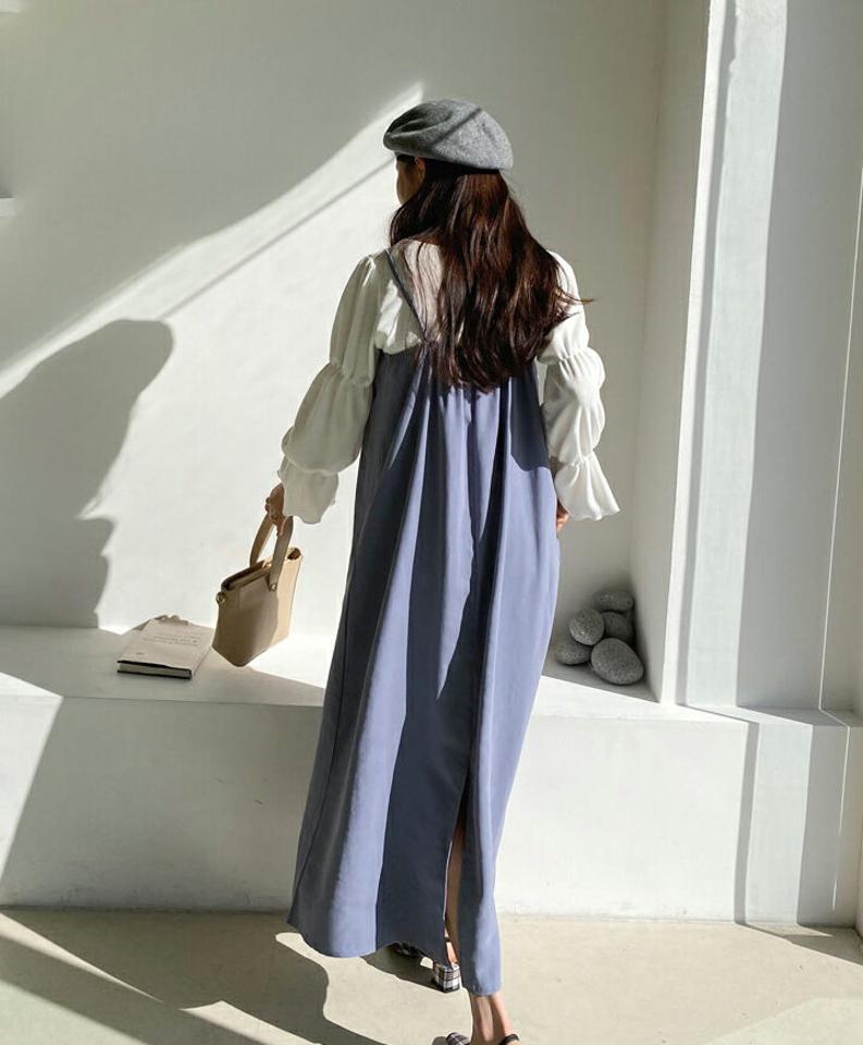 ギャザーフレアワンピース・全3色・t62701 レディース 【ops】【韓国 ファッション ワンピース ロング ロングワンピース ノースリ キャミ キャミソール ギャザー フレア スリット シースルー フェミニン カジュアル ベーシック 体型カバー 秋 冬】