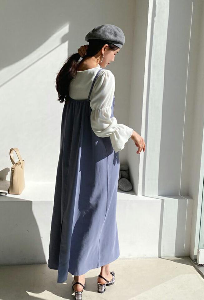 ギャザーフレアワンピース・全3色・t62701 レディース 【ops】【韓国 ファッション ワンピース ロング ロングワンピース ノースリ キャミ キャミソール ギャザー フレア スリット シースルー フェミニン カジュアル ベーシック 体型カバー 秋 冬】