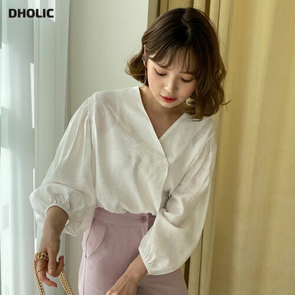 Vネックパフフブラウス・全3色・t62707 レディース 【bl】【韓国 ファッション トップス ブラウス 長袖 Vネック ギャザー ボリューム タック 無地 体型カバー 上品 春 フェミニン カジュアル デイリー 秋 冬】