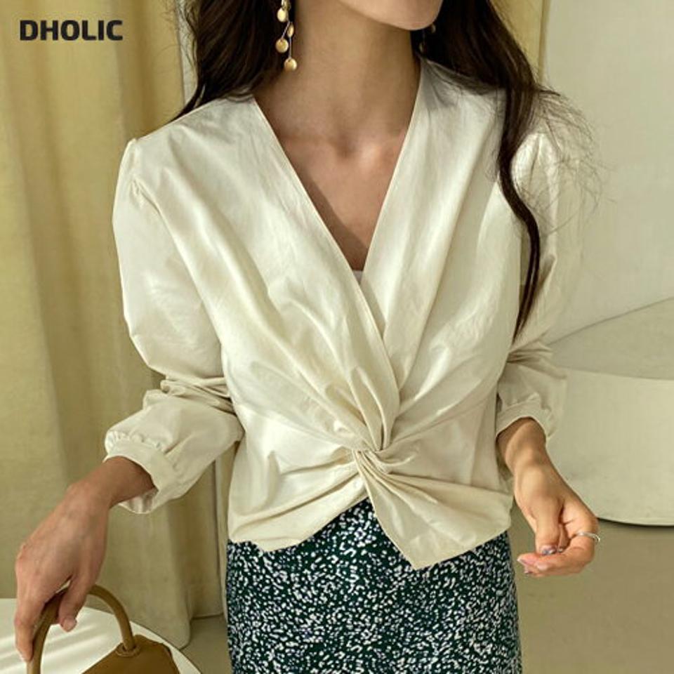 ツイストクロップドブラウス・全4色・t62706 レディース 【bl】【韓国 ファッション トップス ブラウス 長袖 Vネック ツイスト クロップド ボリューム ボリューミー 体型カバー 上品 春 フェミニン カジュアル デイリー 秋 冬】